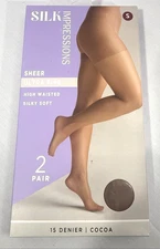 Silk Impressions Panty Hose S Sheer High Waisted Ultra Fine Soft 15D Cocoa 2PK