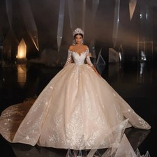 Luxury Champagne Off Shoulder Ball Gown Wedding Dress 2026 Elegant Lace Appliqu