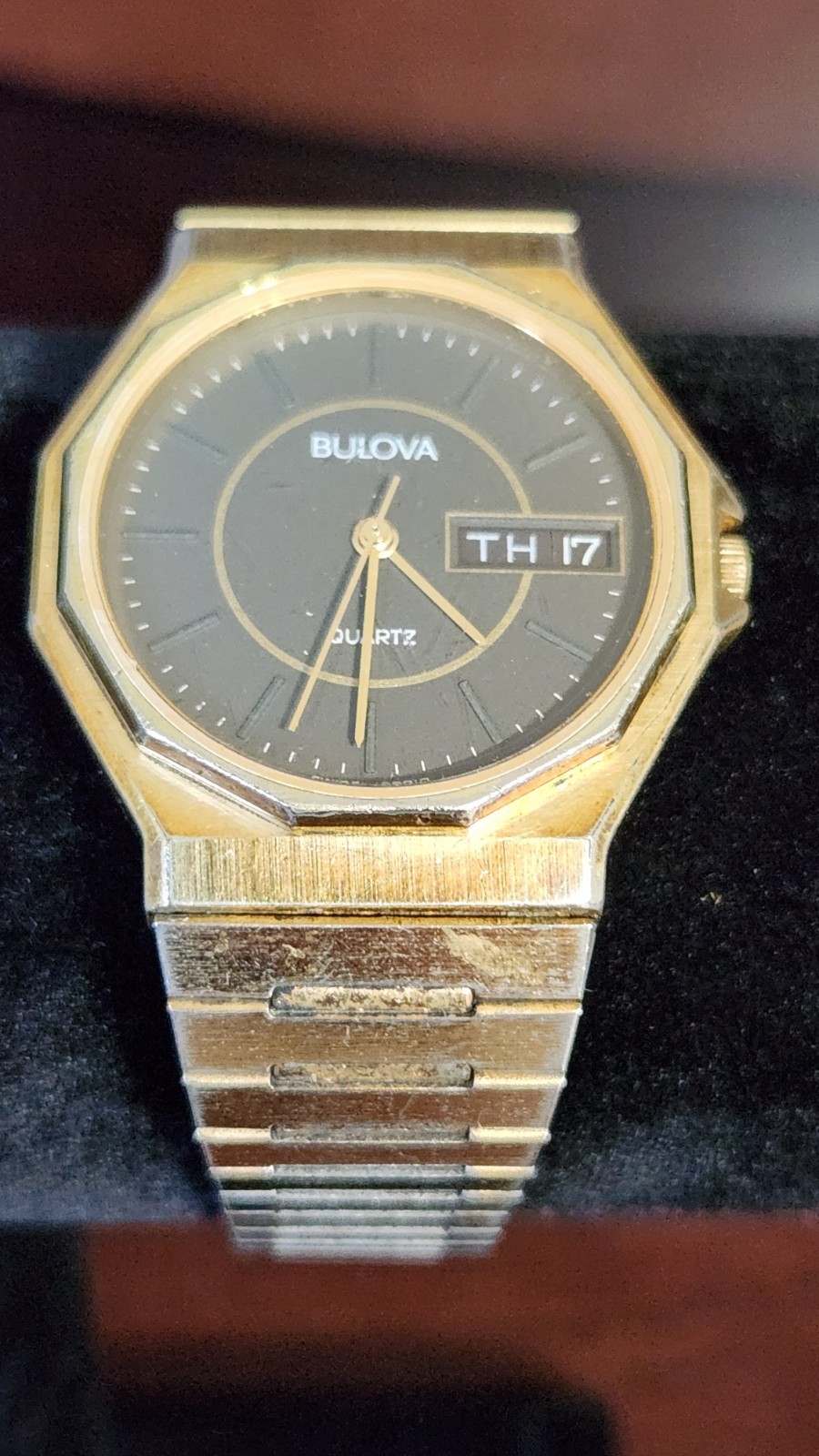 Vintage Bulova Quartz Dual-Day Champaign Dial Watch with New Battery for Men
