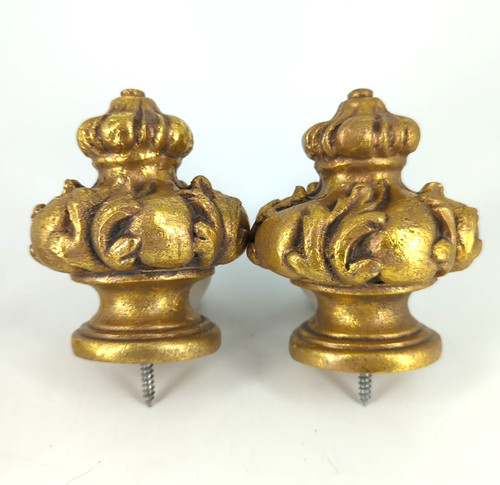 Set (2) House Parts Inc. curtain rod Finials leaf Crown gold Gilt For 1 3/8” Rod