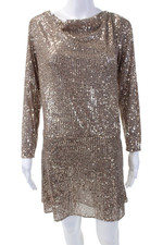 Rixo Womens Metallic Sequin Open Back Long Sleeve Mini Dress Brown Size XS