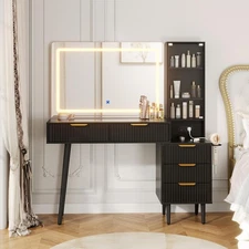Modern Fluted Vanity Table Desk 48 Inch Lighted Mirror 5 Drawers USB Outlet Set