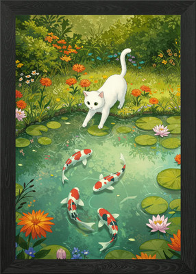 White Cat and Koi Pond Illustration Framed Wall Art Poster Canvas Print Picture