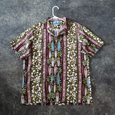 Vintage RJC Barkcloth Hawaiian Shirt Mens L Brown Green Tiki 60s 70s Aloha