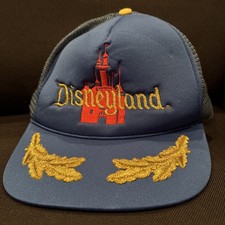 Vintage 1980's DISNEYLAND Castle Gold Leaf Trucker Hat Mesh Snapback Blue Disney