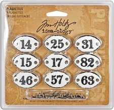 Metal Plaquettes with Fasteners by Tim Holtz (3.5 x 3.5) cm, white 