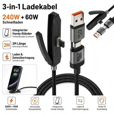 2M USB C Schnellladekabel 240W mit Unsichtbarem Handy Ständer Ladekabel C-C C-B