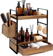 2-Tier Bathroom Counter Organizer with Drawer and Basket, Acacia Wood Countertop