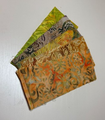 Set of Five Batik Fabric Rotary Cut 2 1/2'' Wide Strips Soft Green Orange Gray