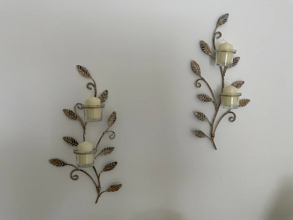 Metal leaf candle sconces pair distressed gold with glass candle holders - Image 2 of 4