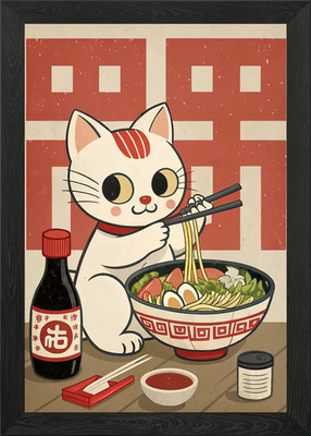 Cat eating ramen illustration Framed Wall Art Poster Canvas Print Picture