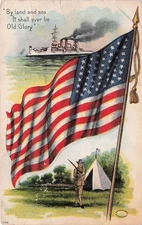 WWI Patriotic Military Army Base Camp Soldier Flag Navy Ship Vtg Postcard I24
