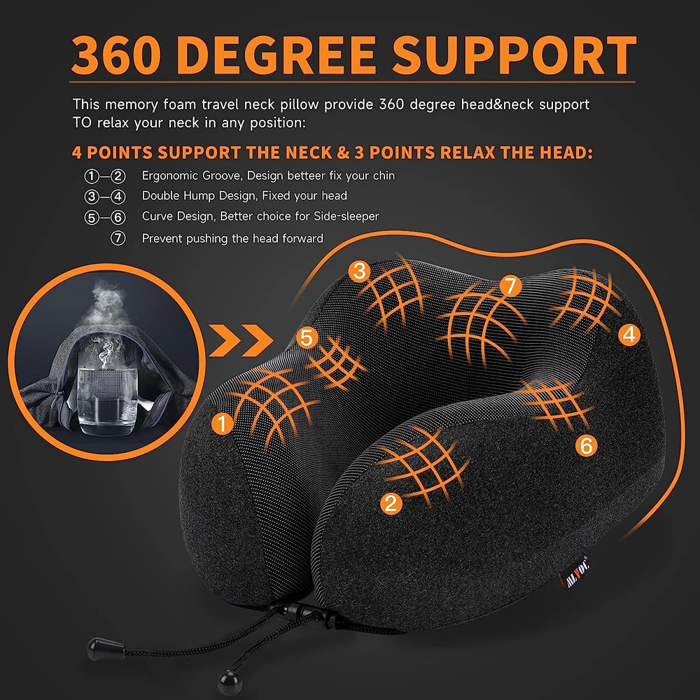 MLVOC Memory Foam Travel Neck Pillow Comfortable Breathable Support