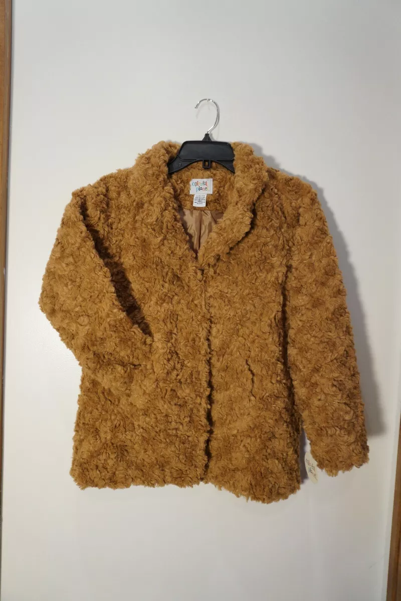 New Colorful Planet Girls Brown Curly Faux Fur Teddy Coat Size L 10 12 MSRP 50