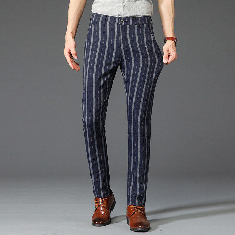 Men Striped Suit Pants Trousers Stretch Slim Casual Smart Men Striped Suit Pants Trousers Stretch Slim Casual Smart