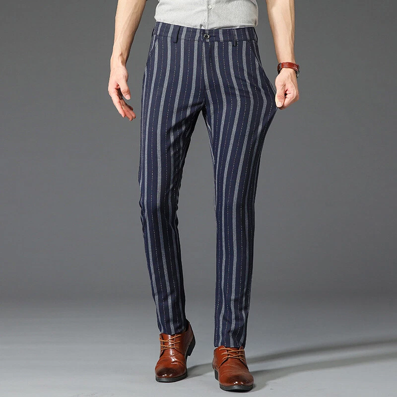 Men's Stripe Dress Pants Casual Slim Fit Stretch Tapered Trousers