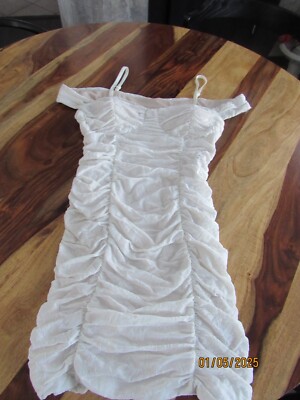 BCX Dress L white ruched lace club dress strapped off shoulder lined knee length
