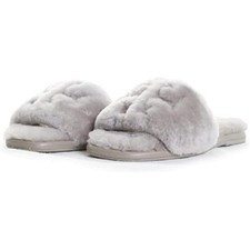 TORY BURCH SHEARLING SLIDE SANDAL GREY TRIM DOUBLE LOGO SZ US 7 NIB