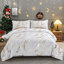 WONGS BEDDING White Gold Marble Comforter Set Queen King Foil Print Glitter Soft