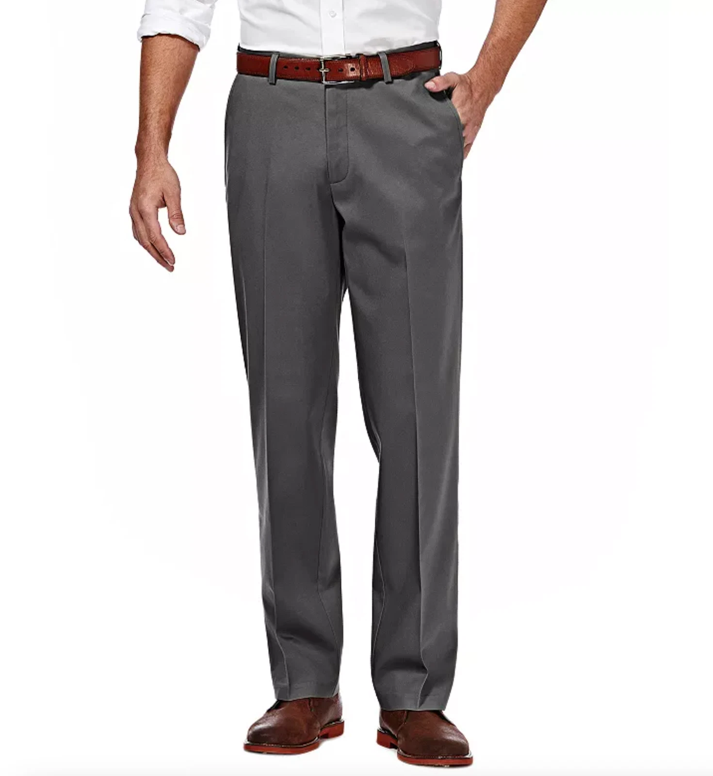 Haggar Men Premium Iron Free Khaki Straight Fit Expandable Waist Flat Front Gray
