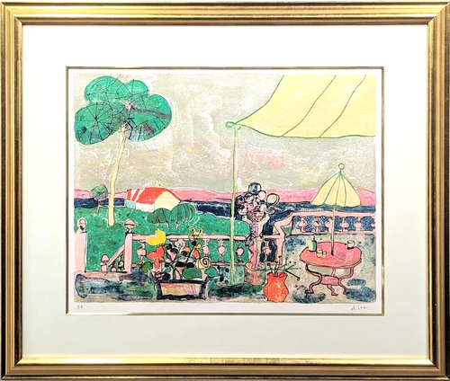 French Painter Paul Aizpiri "Terrace Facing the Sea" Autographed Lithograph