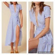 Reformation Jasmine Blue and White Striped High Low Wrap Dress Size Extra Small