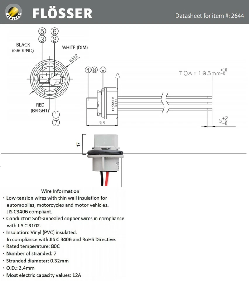 Flosser Pigtail Wire 2644 Female Socket 7443 Two Harness Front Turn Signal Lamp - Image 2 of 4