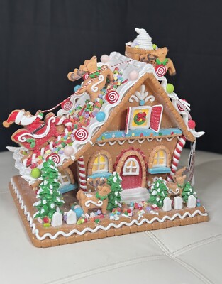 12  Sugarplum Dreams Christmas Gingerbread House Santa Sleigh Reindeer on Roof
