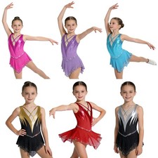 Girls Figure Skating Dress Shiny Rhinestones Lyrical Ballet Dance Leotard Dress