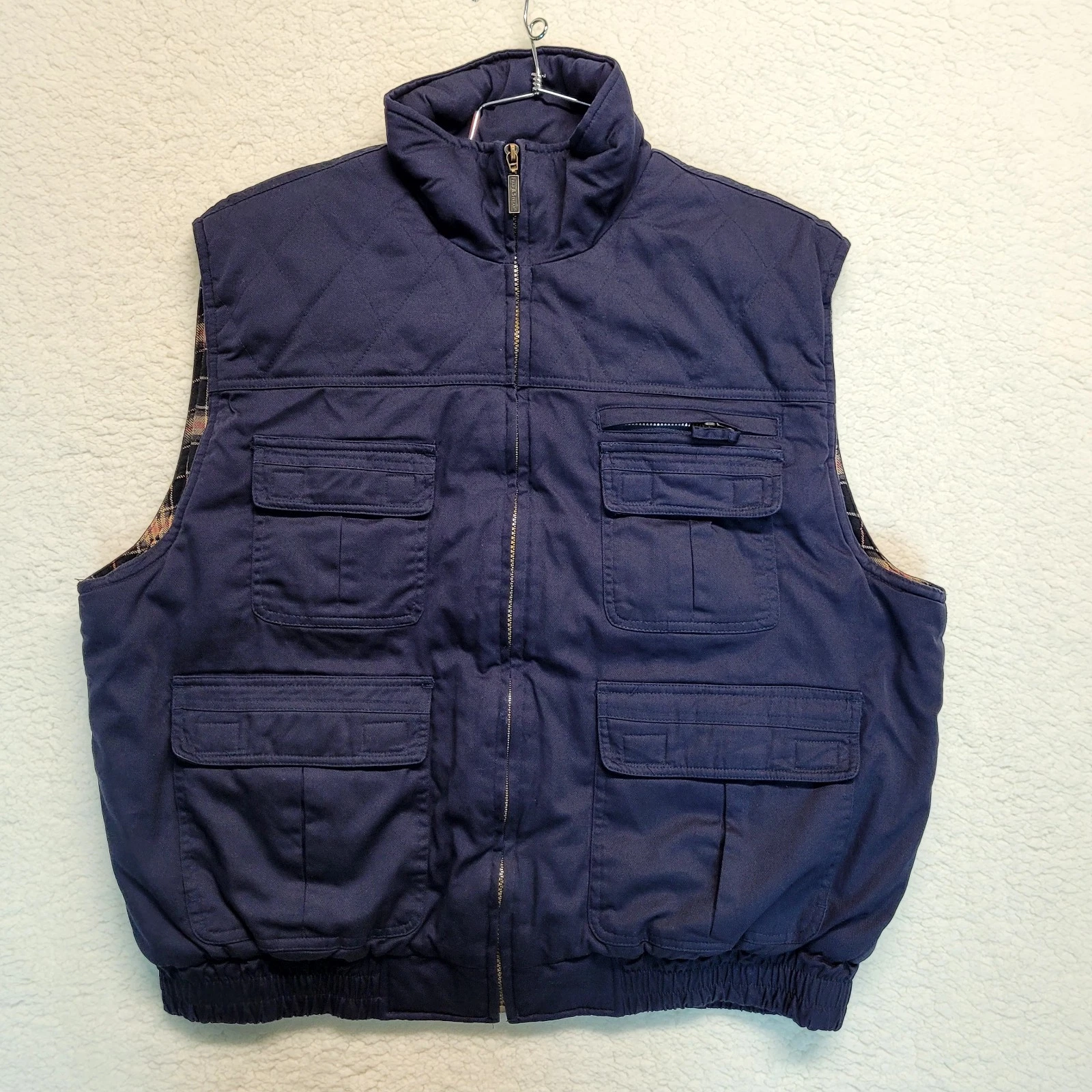Field & Stream Gordon Ferguson Utility Fishing Vest Mens XL Navy Plaid Pockets