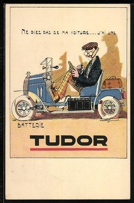 Artist postcard advertising car battery Tudor, man sitting in his car 