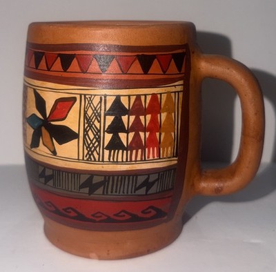 Possible? Vintage Peru Hand painted Colorful Terra Cotta Mug Cusco Peru Folk Art