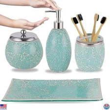 Stylish 4-Pc Green Bathroom Accessories Set | Glass Soap Dispenser & Tray