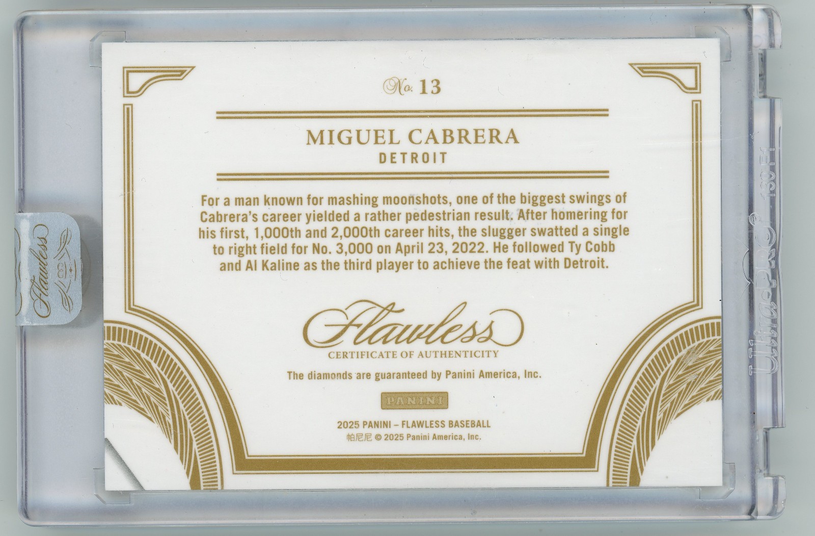 2025 Panini Flawless Miguel Cabrera 3000 Hit Club Platinum 1/1 Triple Diamond view 2