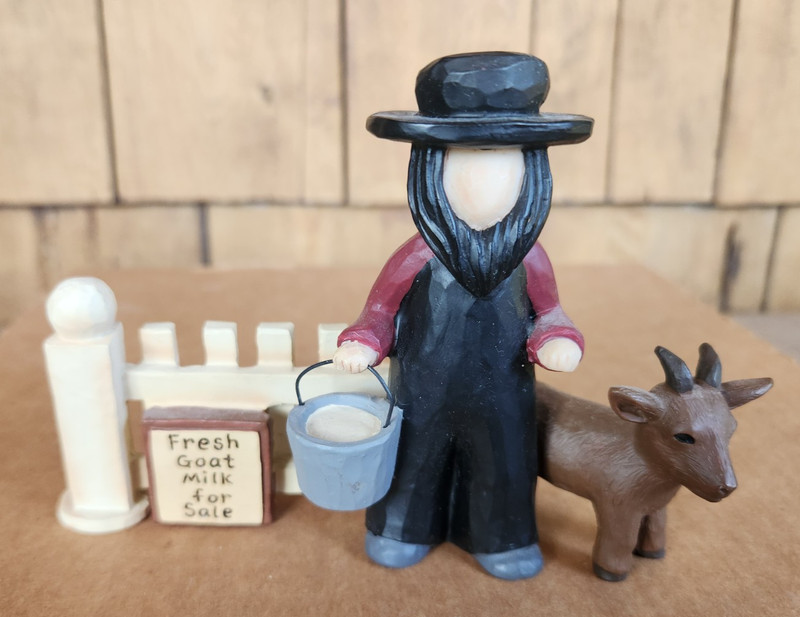 2010 Blossom Bucket Esther O’Hara Amish Man “Fresh Goat Milk For Sale” Figurine