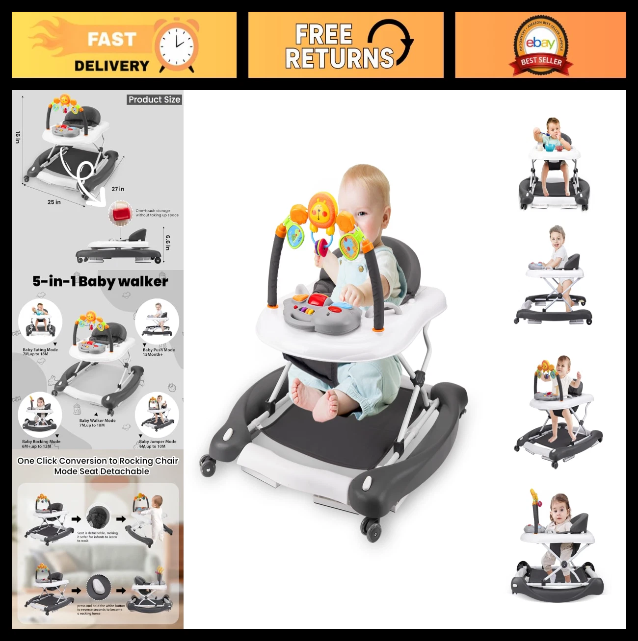 5-in-1 Baby Walker for Infants 6-18 Months, Bouncer, Adjustable, Music & Tray
Opens in a new window