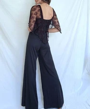 1970s Vintage Jody T Black Lace Disco Boho Wide Leg Jumpsuit: Womens Large