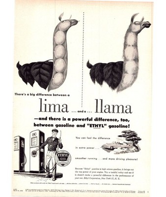 1952 Ethyl Gas Gasoline Vintage Print Ad Lima Bean Llama Serice Station Wall Art