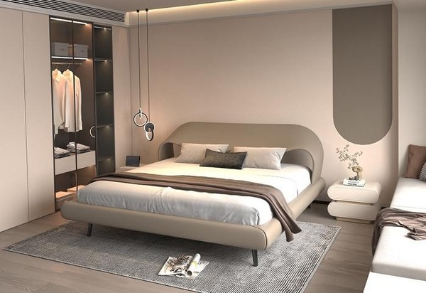 Beiges Leder Doppelbett Schlafzimmer Designer Betten Textilbetten-image
