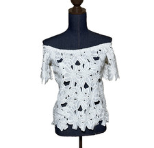 Off The Shoulder White Floral Lace Top Elastic Neckline Short Sleeve Sheer