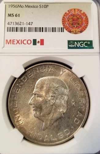 1956 MEXICO SILVER 10 PESOS S10P HIDALGO NGC MS 61 GREAT LUSTER NICE TONING