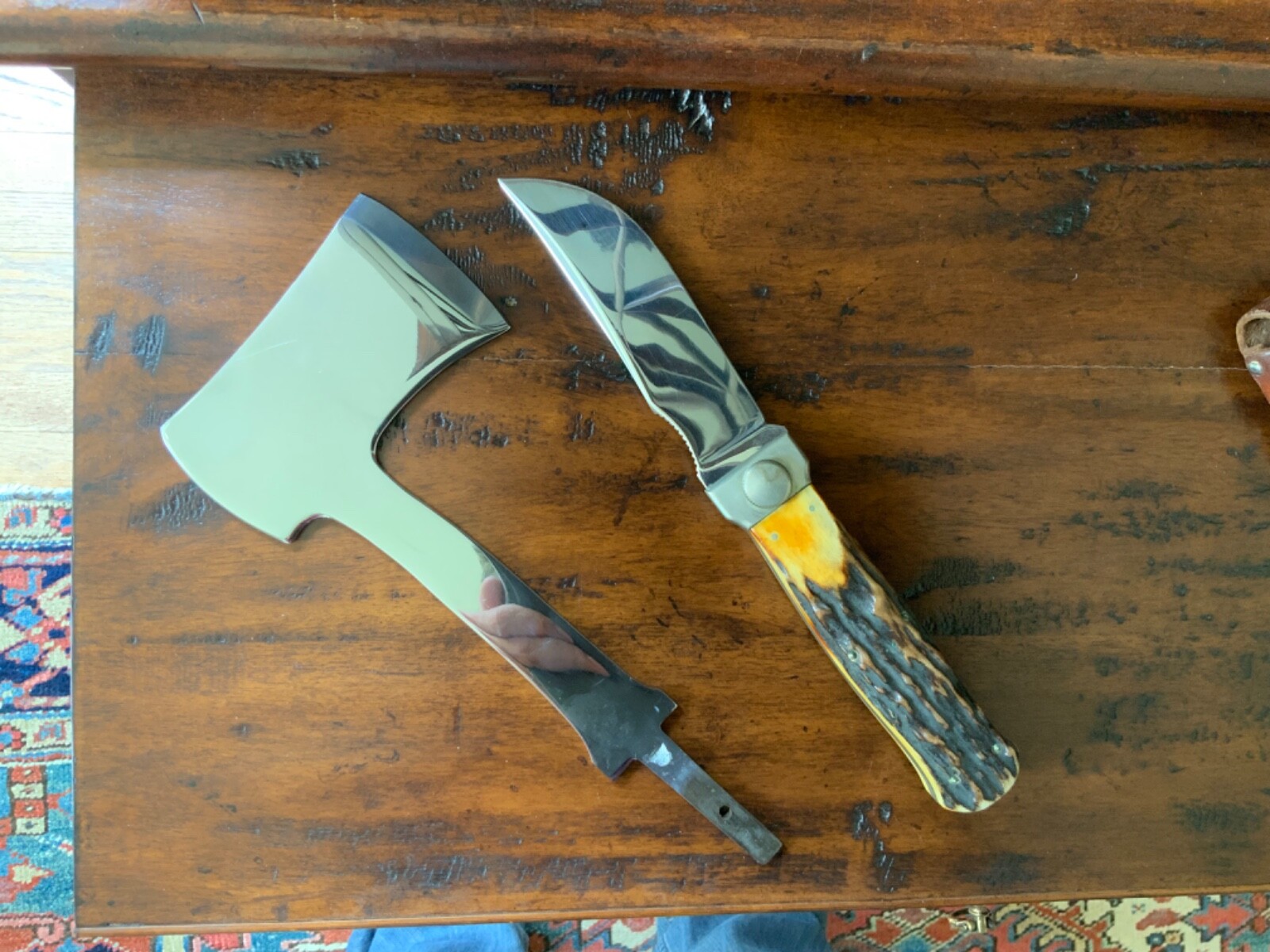 Vintage KABAR Knife Hatchet Combo w/ Stag Handle Leather Sheath eBay