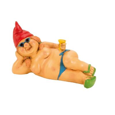 Nackte Zwergin mit roter Mütze nackt liegend 23 cm FKK oben ohne Gartenzwerg