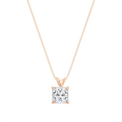 1.25 Ct Princess Cut Solid Real 14K Rose Gold Solitaire Pendant 18'' Necklace