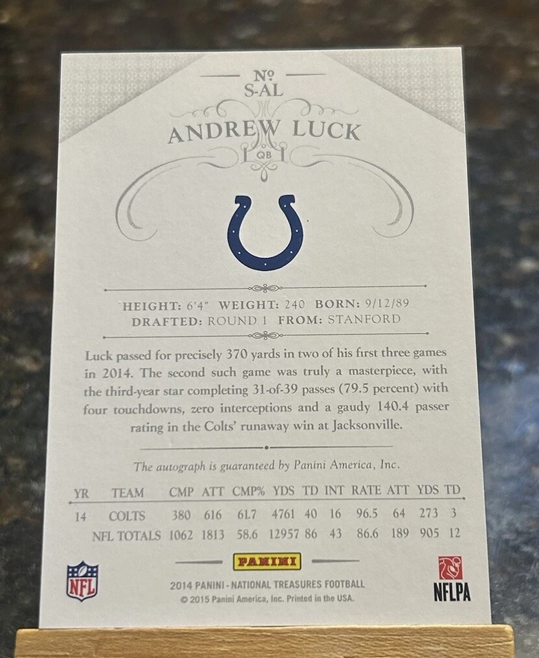 2014 Panini National Treasures Andrew Luck Auto 12/15 Jersey # 1/1 #S-AL - Image 2 of 2