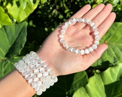 Selenite Bead Bracelet - 6mm or 8mm Crystal Bracelet - Genuine Gemstone Jewelry 