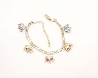6.5'' Gold Tone Figaro Chain Bracelet with Tri-tone Elephant Charms Adjustable