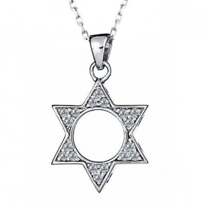 Diamant jüdischer Davidstern Anhänger Rolo Halskette 16'' 14k Weißgold 0,34 ct
