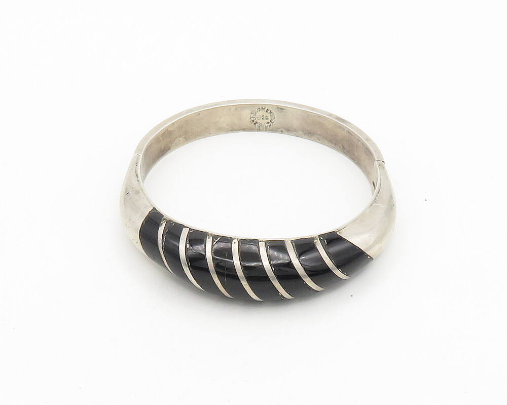 MEXICO 925 Sterling Silver Vintage Black Onyx Stiped Bangle