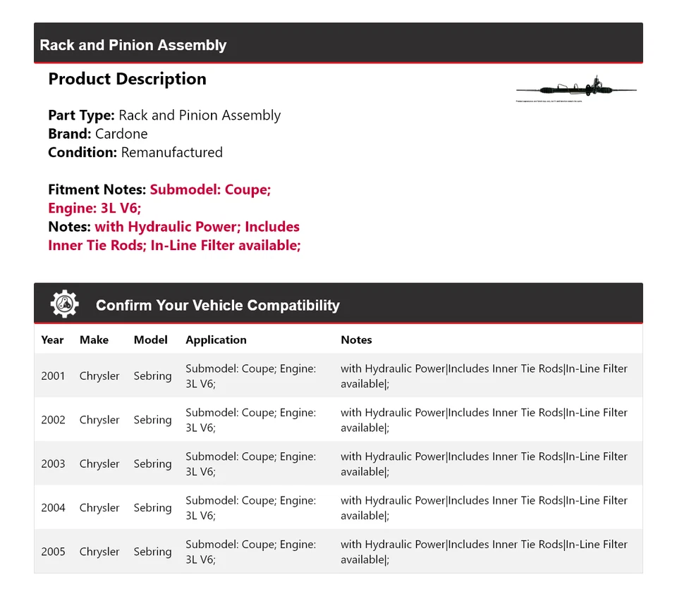 Para Chrysler Sebring 2001-2005 cupé 3L V6 montaje de cremallera y piñón Cardone 2002 Foto 2 de 4